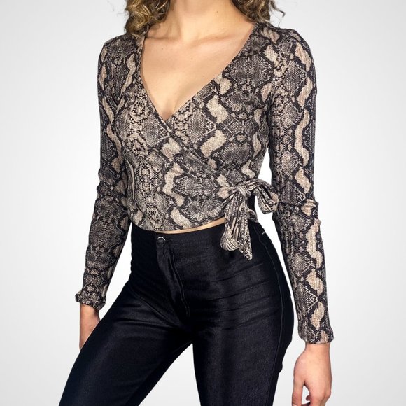 wild fable Tops - Snakeskin Print Front Wrap Long Sleeve Shirt